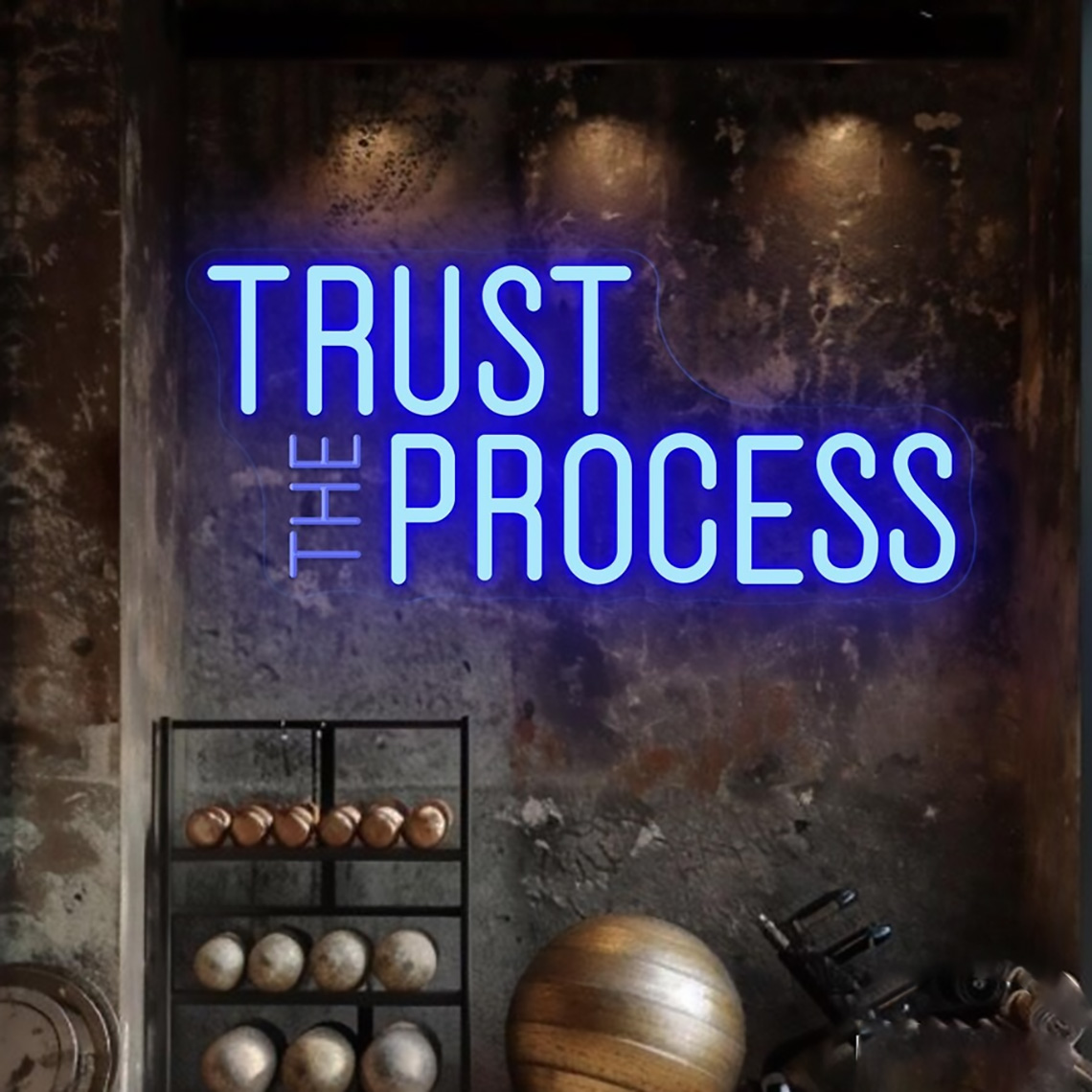 Home Gym Neon Sign - ป้ายไฟนีออน Trust The Process, ป้ายตกแต่งห้องออกกำลังกายแบบกำหนดเอง, คำคมสร้างแรงบันดาลใจสำหรับฟิตเนส