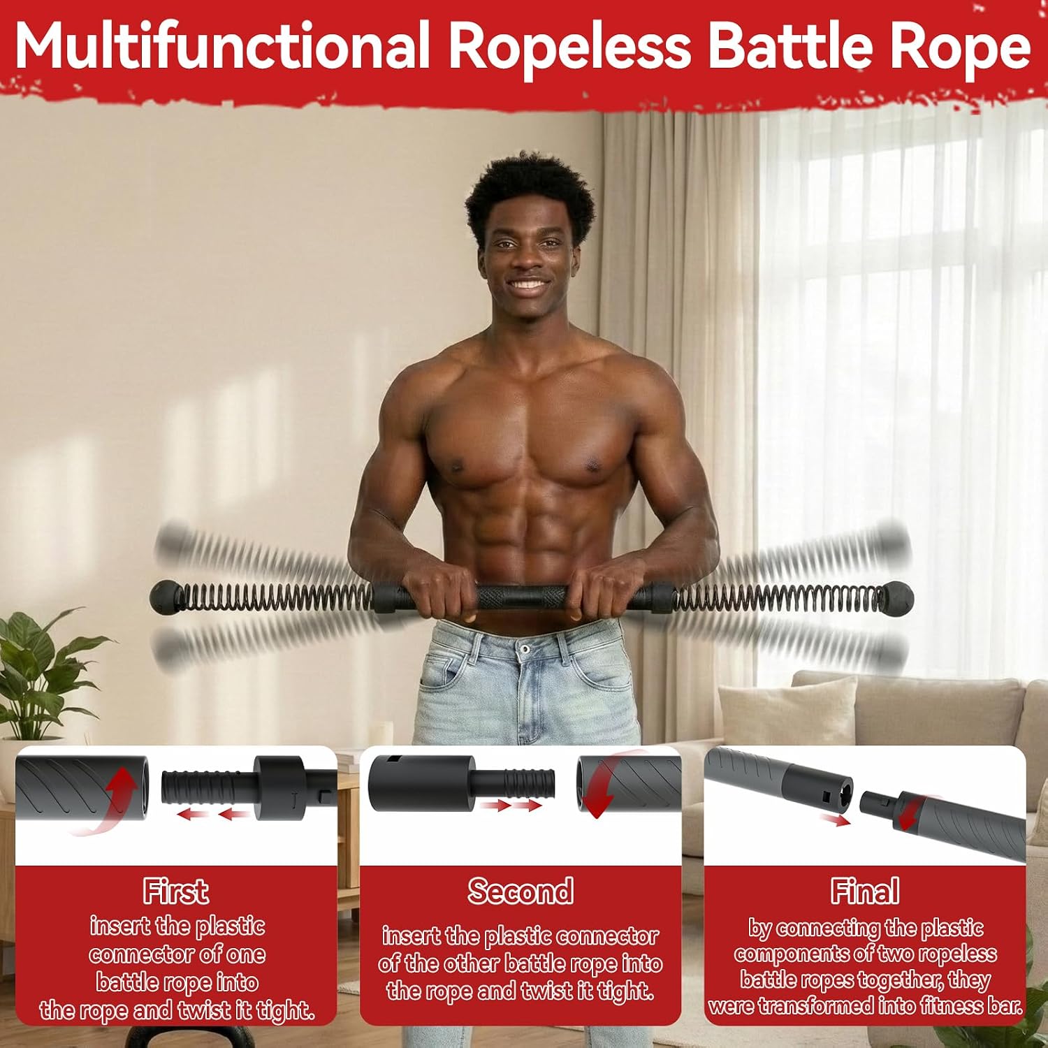 Home Gym Outdoor - อุปกรณ์ออกกำลังกายแบบ 2-in-1 รุ่นอัพเกรด: เชือกออกกำลังกายไร้สายพร้อมบาร์บิดตัว, อุปกรณ์ฝึกความแข็งแรงด้วยสปริงยืดหยุ่นสูง, อุปกรณ์ออกกำลังกายสำหรับการบริหารกล้ามเนื้อทั่วร่างกายเพื่อเสริมสร้างความแข็งแรงของร่างกายส่วนบน,