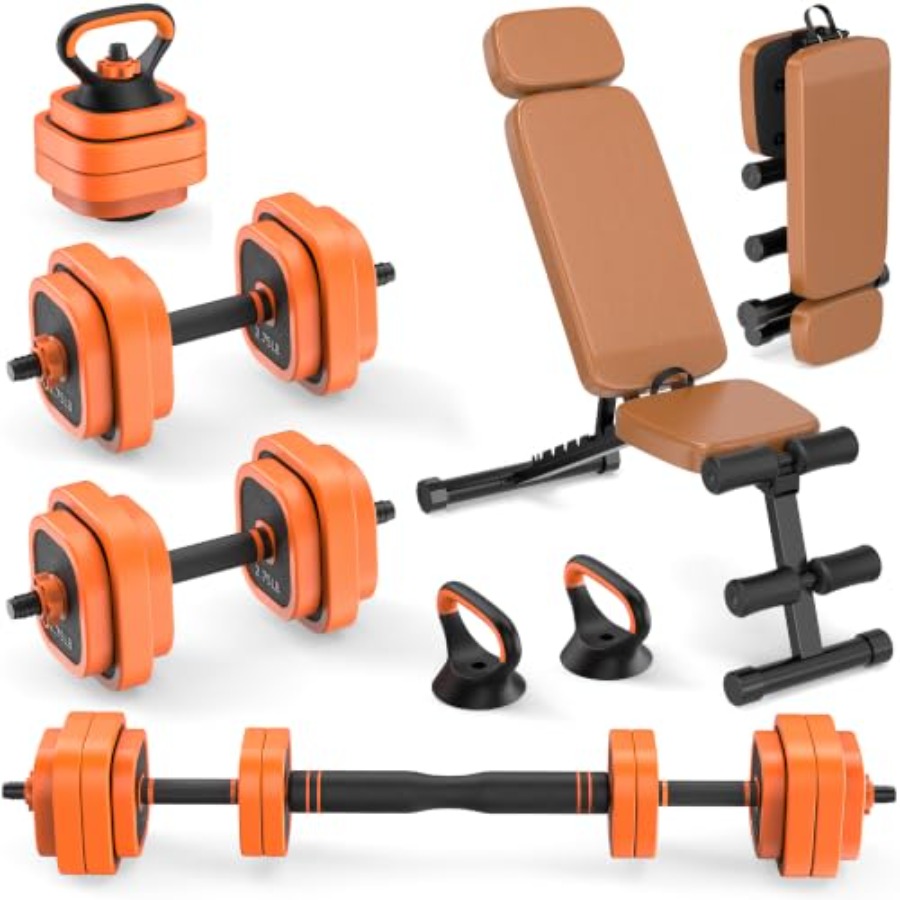 Home Gym Design - สำหรับใช้ในโฮมยิม: ดัมเบลเหล็กสีดำพร้อมด้ามจับที่ออกแบบตามหลักสรีรศาสตร์, ดีไซน์ปรับได้ 4-in-1 และมีม้านั่งพับได้เพื่อประหยัดพื้นที่ในการจัดเก็บ